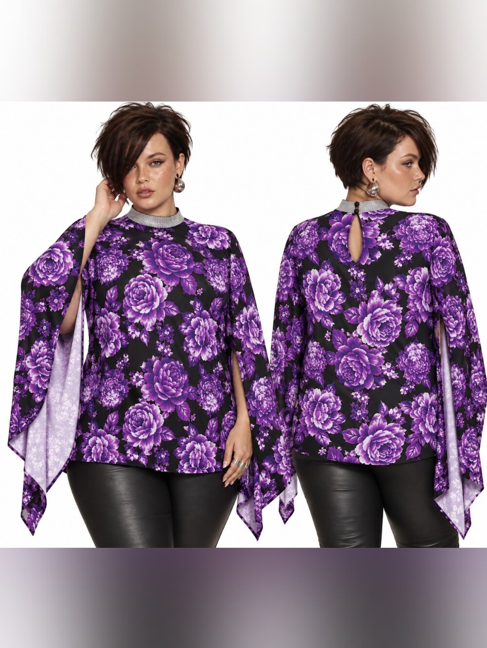 NWT Ashley Stewart Purple Floral Crystal Mock Neck Split-Sleeve Top Plus 18 20